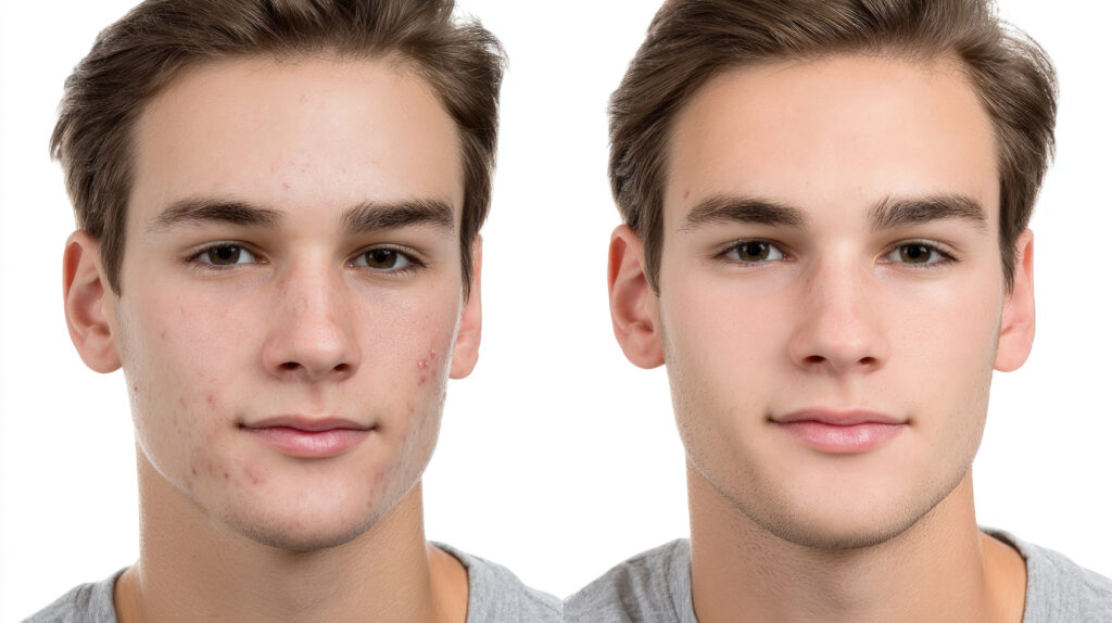 Young man before and after acne treatment showing clear skin improvement.