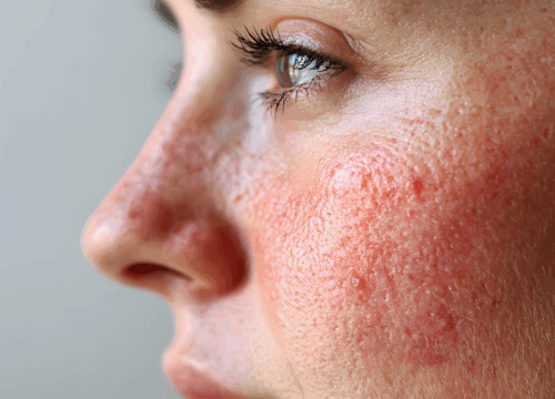 Close-up of sensitive facial skin with redness and irritation highlighting rosacea triggers during winter months.