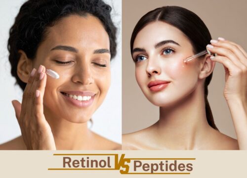 A split-panel image comparing skincare approaches, featuring a woman applying retinol on the left and a woman applying peptides on the right.