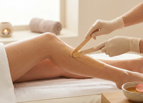 An esthetician wearing gloves applies warm, smooth wax to a client's leg at Lashiqué, demonstrating a professional hair removal treatment that debunks common waxing myths.