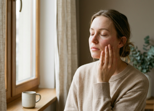 A woman with eyes closed gently touching her flushed cheek while sitting by a window, illustrating the connection between stress and skin health, such as sensitivity and inflammation flare-ups.