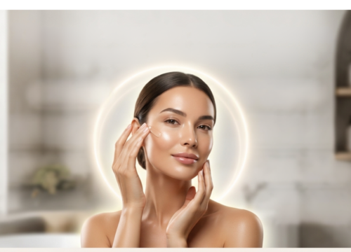 A woman with radiant, glowing skin applying an at-home serum to her face, surrounded by a subtle light halo, showcasing proper care for your skin between treatments.
