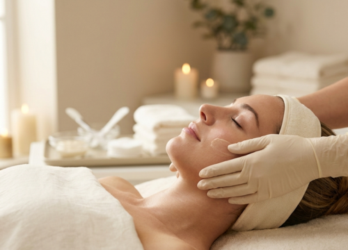 An esthetician wearing gloves applies a soothing product to a woman's face during a professional facial treatment, demonstrating how expert guidance helps clients build a skincare routine that works.