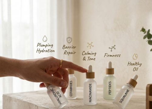 A photo showcasing protective winter skincare ingredients beneath floating text icons for plumping hydration, barrier repair, calming, firmness, and healthy oil.